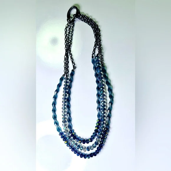 3 strand Beaded Blue Crystal Layered Necklace on Gunmetal 22” oval clasp - Picture 4 of 5